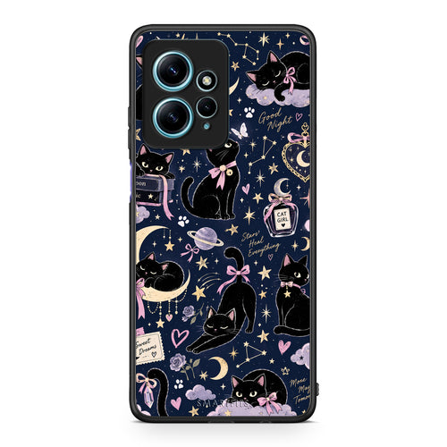 Θήκη Xiaomi Redmi Note 12 4G Celestial Black Cats on Navy από τη Smartfits με σχέδιο στο πίσω μέρος και μαύρο περίβλημα | Xiaomi Redmi Note 12 4G Celestial Black Cats on Navy case with colorful back and black bezels