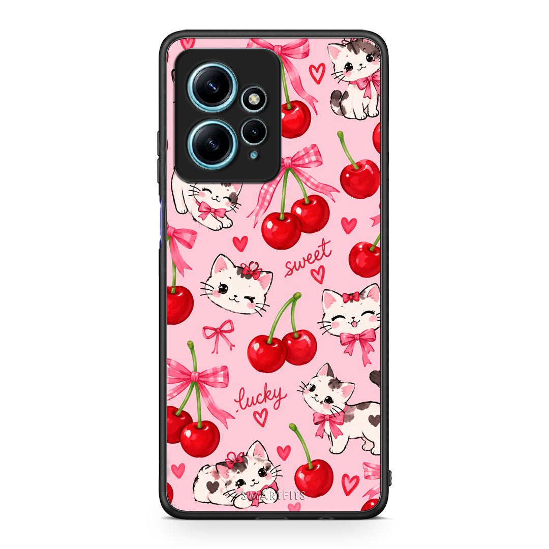 Θήκη Xiaomi Redmi Note 12 4G Cherries Bows and Kittens on Pink από τη Smartfits με σχέδιο στο πίσω μέρος και μαύρο περίβλημα | Xiaomi Redmi Note 12 4G Cherries Bows and Kittens on Pink case with colorful back and black bezels