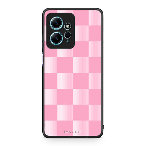 Θήκη Xiaomi Redmi Note 12 4G Pink and White Striped Checks από τη Smartfits με σχέδιο στο πίσω μέρος και μαύρο περίβλημα | Xiaomi Redmi Note 12 4G Pink and White Striped Checks case with colorful back and black bezels
