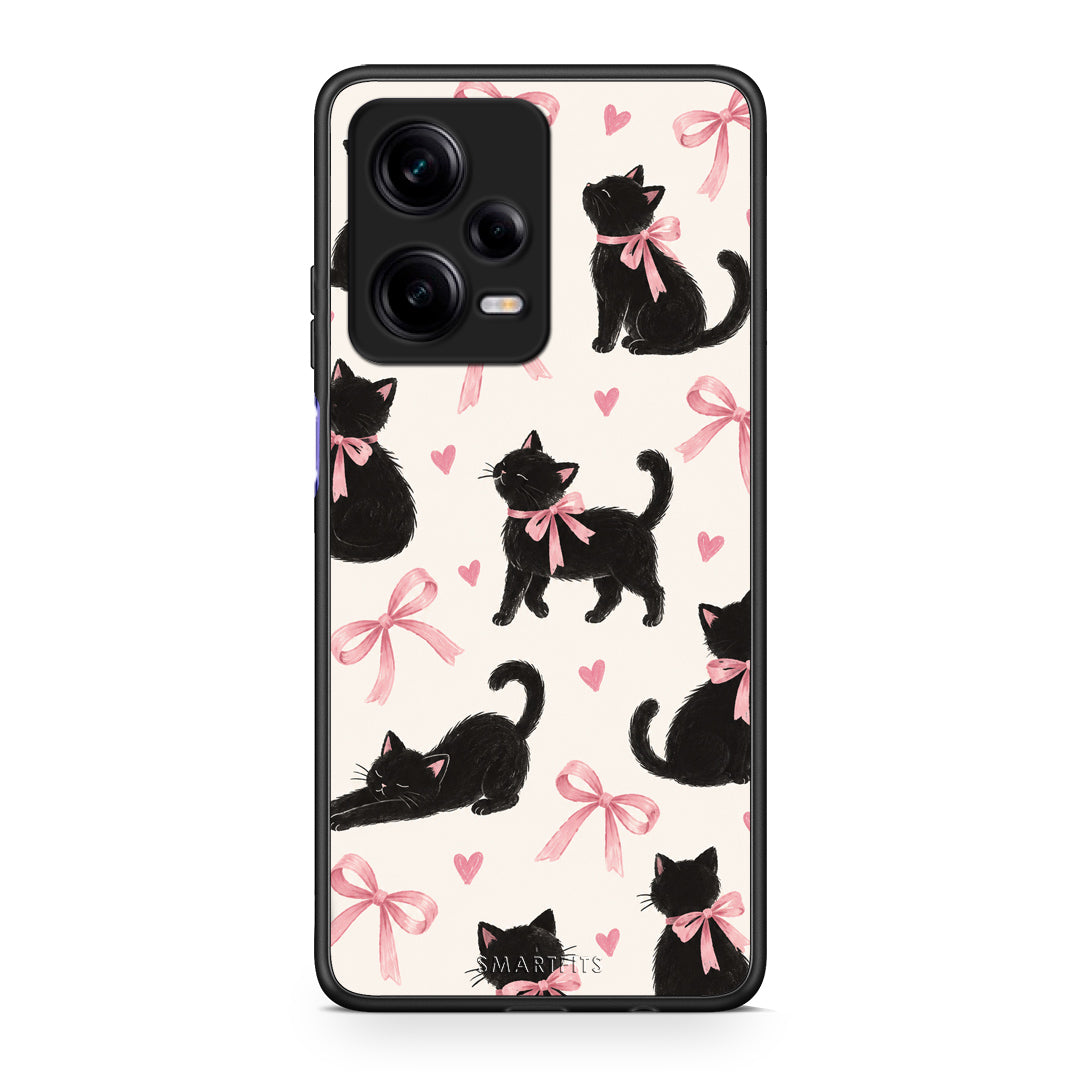 Θήκη Xiaomi Redmi Note 12 Pro 5G Black Kittens and Pink Bows on Cream Large από τη Smartfits με σχέδιο στο πίσω μέρος και μαύρο περίβλημα | Xiaomi Redmi Note 12 Pro 5G Black Kittens and Pink Bows on Cream Large case with colorful back and black bezels