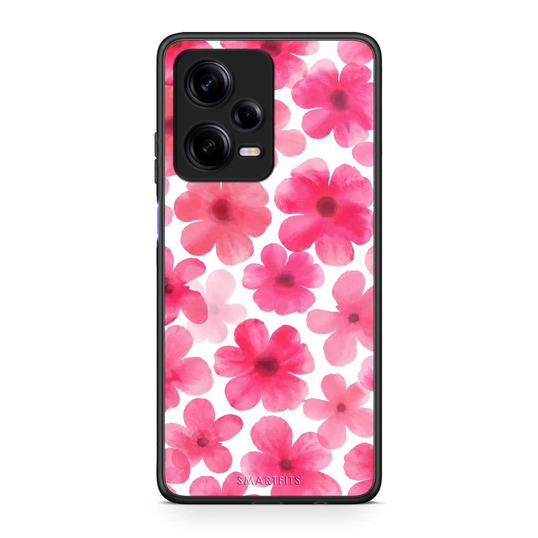 Θήκη Xiaomi Redmi Note 12 Pro 5G Pink Watercolour Flowers on White από τη Smartfits με σχέδιο στο πίσω μέρος και μαύρο περίβλημα | Xiaomi Redmi Note 12 Pro 5G Pink Watercolour Flowers on White case with colorful back and black bezels