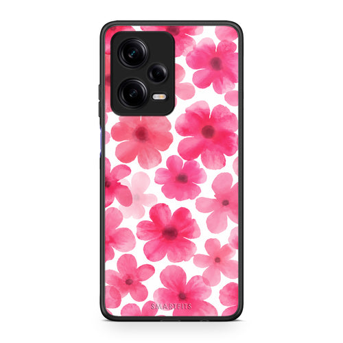Θήκη Xiaomi Redmi Note 12 Pro 5G Pink Watercolour Flowers on White από τη Smartfits με σχέδιο στο πίσω μέρος και μαύρο περίβλημα | Xiaomi Redmi Note 12 Pro 5G Pink Watercolour Flowers on White case with colorful back and black bezels