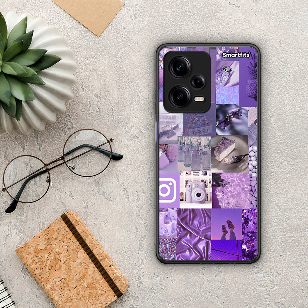 Θήκη Xiaomi Redmi Note 12 Pro 5G Purple Aesthetic Collage από τη Smartfits με σχέδιο στο πίσω μέρος και μαύρο περίβλημα | Xiaomi Redmi Note 12 Pro 5G Purple Aesthetic Collage Case with Colorful Back and Black Bezels