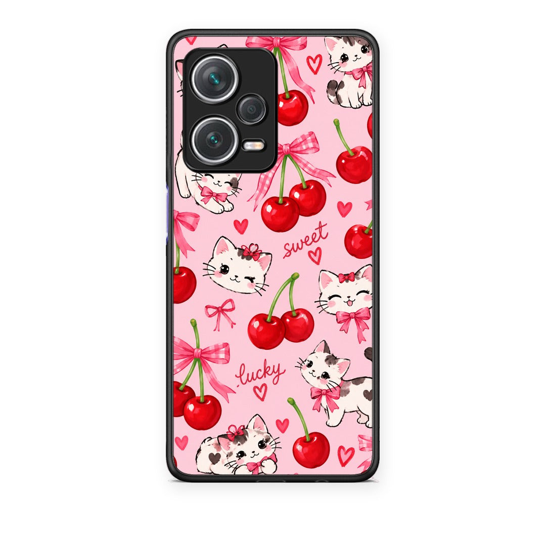 Θήκη Xiaomi Redmi Note 12 Pro+ / 12 Pro Discovery Cherries Bows and Kittens on Pink από τη Smartfits με σχέδιο στο πίσω μέρος και μαύρο περίβλημα | Xiaomi Redmi Note 12 Pro+ / 12 Pro Discovery Cherries Bows and Kittens on Pink case with colorful back and black bezels