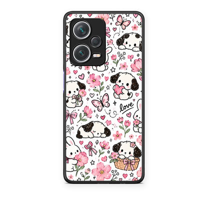Θήκη Xiaomi Redmi Note 12 Pro+ / 12 Pro Discovery Pink Florals Puppies and Bunnies on White από τη Smartfits με σχέδιο στο πίσω μέρος και μαύρο περίβλημα | Xiaomi Redmi Note 12 Pro+ / 12 Pro Discovery Pink Florals Puppies and Bunnies on White case with colorful back and black bezels