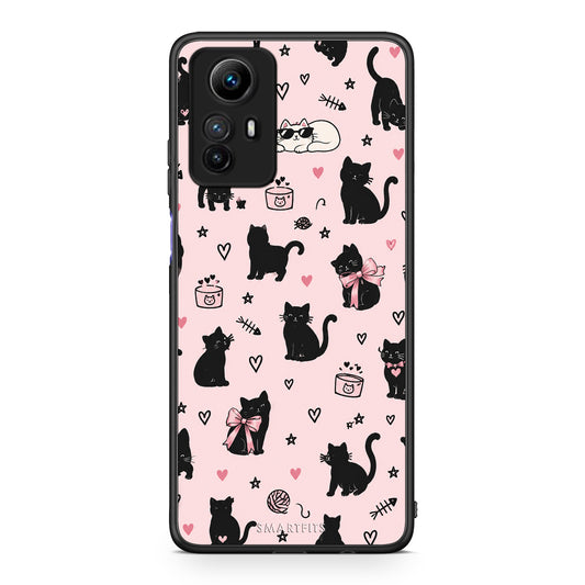 Θήκη Xiaomi Redmi Note 12S Black Cat Doodles on Pink από τη Smartfits με σχέδιο στο πίσω μέρος και μαύρο περίβλημα | Xiaomi Redmi Note 12S Black Cat Doodles on Pink case with colorful back and black bezels