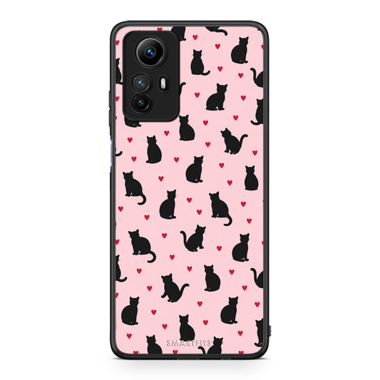 Θήκη Xiaomi Redmi Note 12S Black Cat Silhouettes and Hearts on Pink από τη Smartfits με σχέδιο στο πίσω μέρος και μαύρο περίβλημα | Xiaomi Redmi Note 12S Black Cat Silhouettes and Hearts on Pink case with colorful back and black bezels