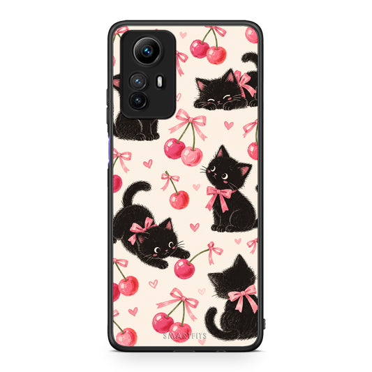 Θήκη Xiaomi Redmi Note 12S Black Kittens and Cherries on Cream από τη Smartfits με σχέδιο στο πίσω μέρος και μαύρο περίβλημα | Xiaomi Redmi Note 12S Black Kittens and Cherries on Cream case with colorful back and black bezels
