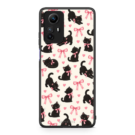 Θήκη Xiaomi Redmi Note 12S Black Kittens and Pink Bows on Cream Small από τη Smartfits με σχέδιο στο πίσω μέρος και μαύρο περίβλημα | Xiaomi Redmi Note 12S Black Kittens and Pink Bows on Cream Small case with colorful back and black bezels