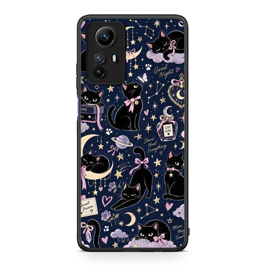 Θήκη Xiaomi Redmi Note 12S Celestial Black Cats on Navy από τη Smartfits με σχέδιο στο πίσω μέρος και μαύρο περίβλημα | Xiaomi Redmi Note 12S Celestial Black Cats on Navy case with colorful back and black bezels