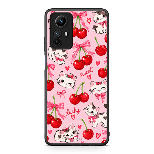 Θήκη Xiaomi Redmi Note 12S Cherries Bows and Kittens on Pink από τη Smartfits με σχέδιο στο πίσω μέρος και μαύρο περίβλημα | Xiaomi Redmi Note 12S Cherries Bows and Kittens on Pink case with colorful back and black bezels