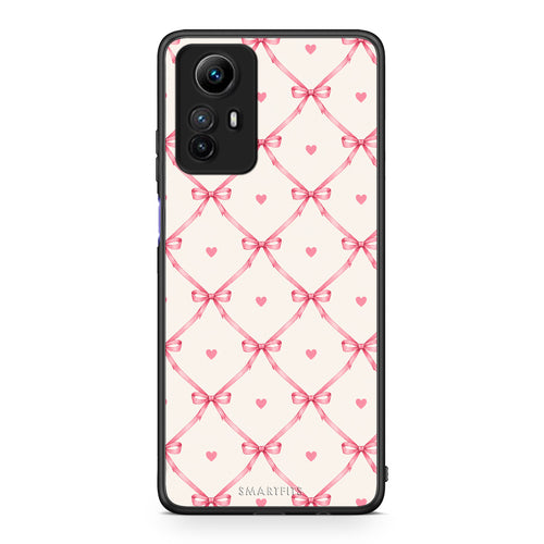 Θήκη Xiaomi Redmi Note 12S Pink Bow Lattice and Hearts on Cream από τη Smartfits με σχέδιο στο πίσω μέρος και μαύρο περίβλημα | Xiaomi Redmi Note 12S Pink Bow Lattice and Hearts on Cream case with colorful back and black bezels
