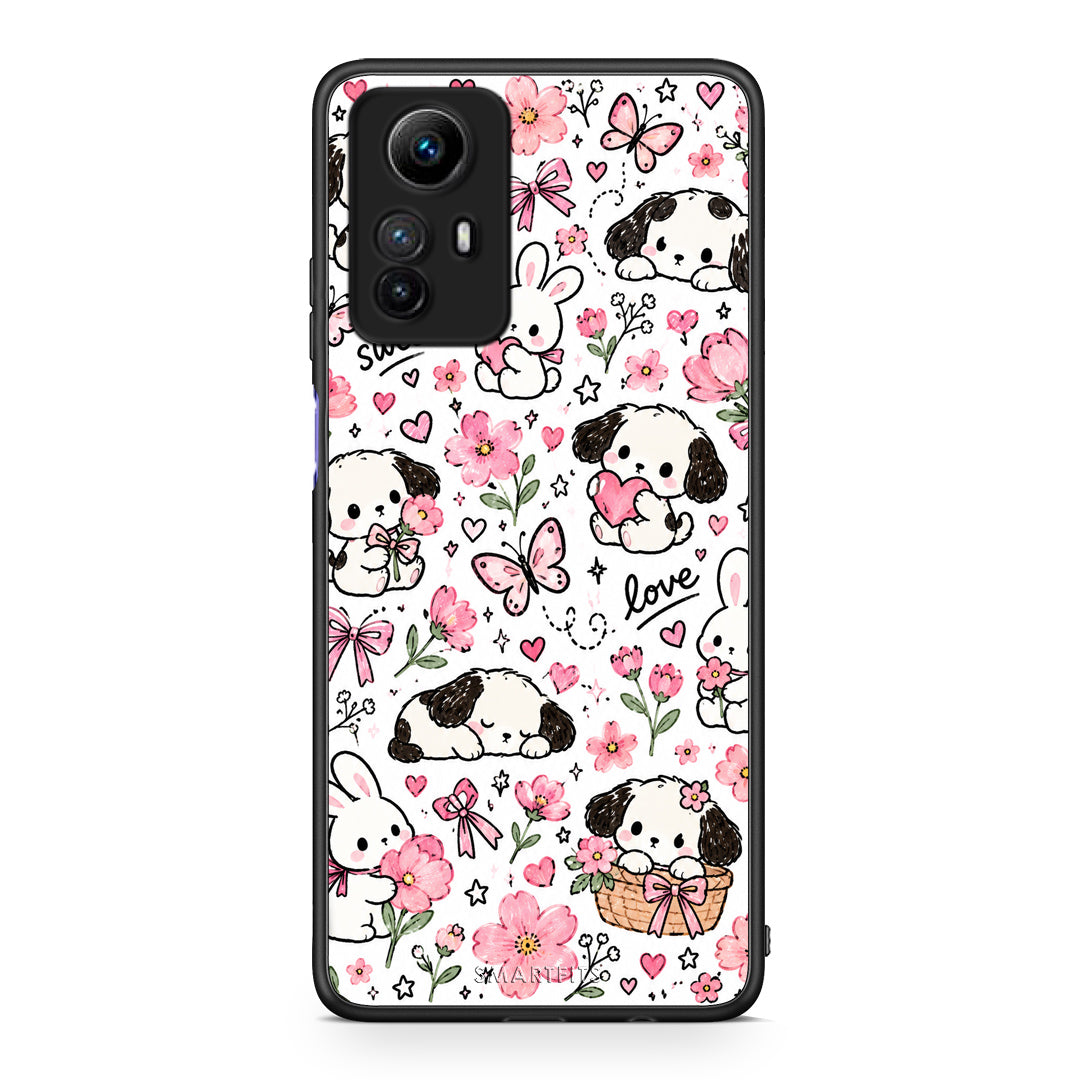 Θήκη Xiaomi Redmi Note 12S Pink Florals Puppies and Bunnies on White από τη Smartfits με σχέδιο στο πίσω μέρος και μαύρο περίβλημα | Xiaomi Redmi Note 12S Pink Florals Puppies and Bunnies on White case with colorful back and black bezels
