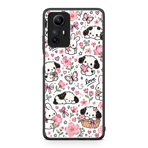 Θήκη Xiaomi Redmi Note 12S Pink Florals Puppies and Bunnies on White από τη Smartfits με σχέδιο στο πίσω μέρος και μαύρο περίβλημα | Xiaomi Redmi Note 12S Pink Florals Puppies and Bunnies on White case with colorful back and black bezels