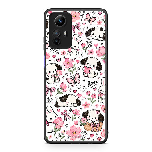 Θήκη Xiaomi Redmi Note 12S Pink Florals Puppies and Bunnies on White από τη Smartfits με σχέδιο στο πίσω μέρος και μαύρο περίβλημα | Xiaomi Redmi Note 12S Pink Florals Puppies and Bunnies on White case with colorful back and black bezels