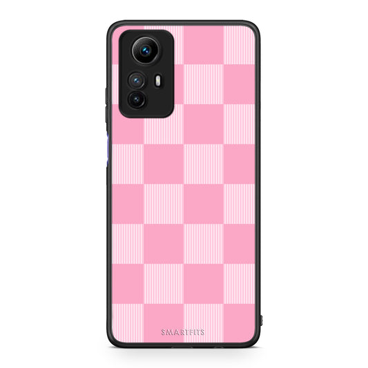 Θήκη Xiaomi Redmi Note 12S Pink and White Striped Checks από τη Smartfits με σχέδιο στο πίσω μέρος και μαύρο περίβλημα | Xiaomi Redmi Note 12S Pink and White Striped Checks case with colorful back and black bezels