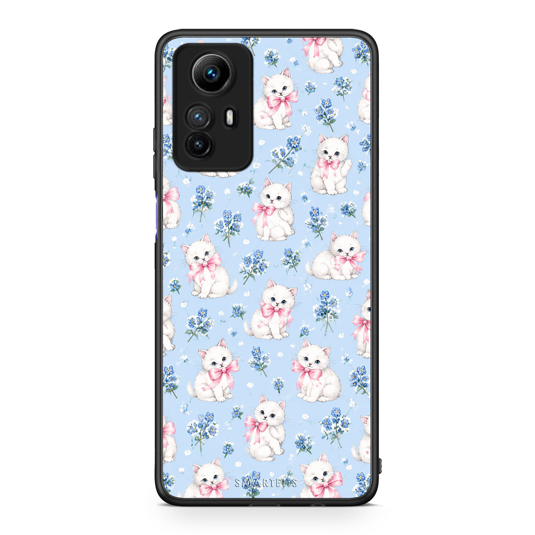 Θήκη Xiaomi Redmi Note 12S White Kittens and Blue Flowers Small από τη Smartfits με σχέδιο στο πίσω μέρος και μαύρο περίβλημα | Xiaomi Redmi Note 12S White Kittens and Blue Flowers Small case with colorful back and black bezels