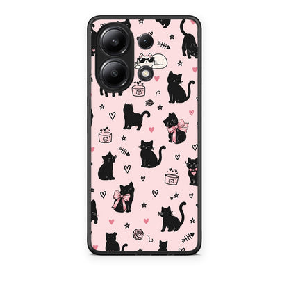 Θήκη Xiaomi Redmi Note 13 4G Black Cat Doodles on Pink από τη Smartfits με σχέδιο στο πίσω μέρος και μαύρο περίβλημα | Xiaomi Redmi Note 13 4G Black Cat Doodles on Pink case with colorful back and black bezels