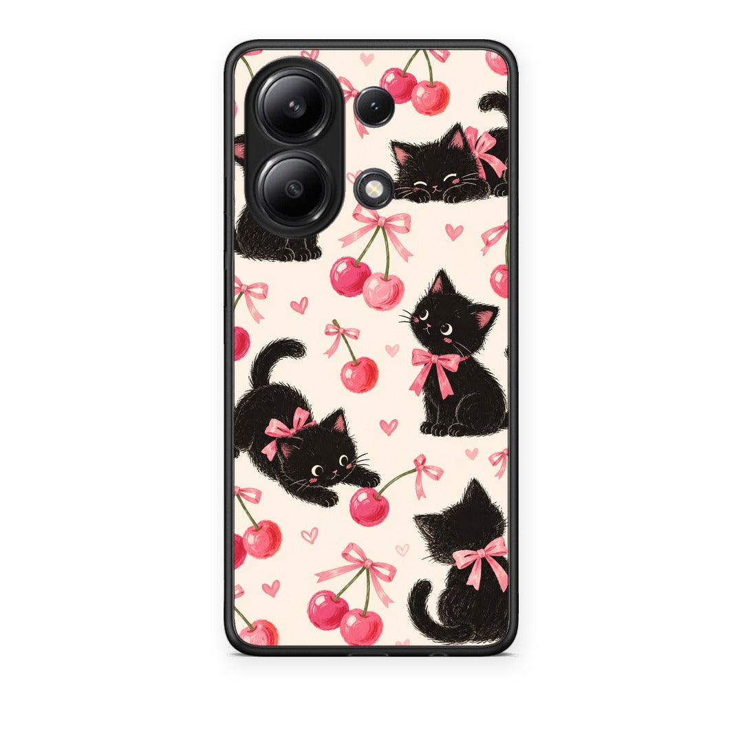 Θήκη Xiaomi Redmi Note 13 4G Black Kittens and Cherries on Cream από τη Smartfits με σχέδιο στο πίσω μέρος και μαύρο περίβλημα | Xiaomi Redmi Note 13 4G Black Kittens and Cherries on Cream case with colorful back and black bezels