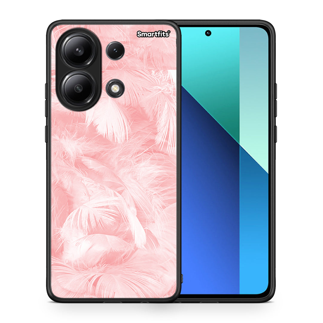 Θήκη Xiaomi Redmi Note 13 4G Pink Feather Boho από τη Smartfits με σχέδιο στο πίσω μέρος και μαύρο περίβλημα | Xiaomi Redmi Note 13 4G Pink Feather Boho case with colorful back and black bezels