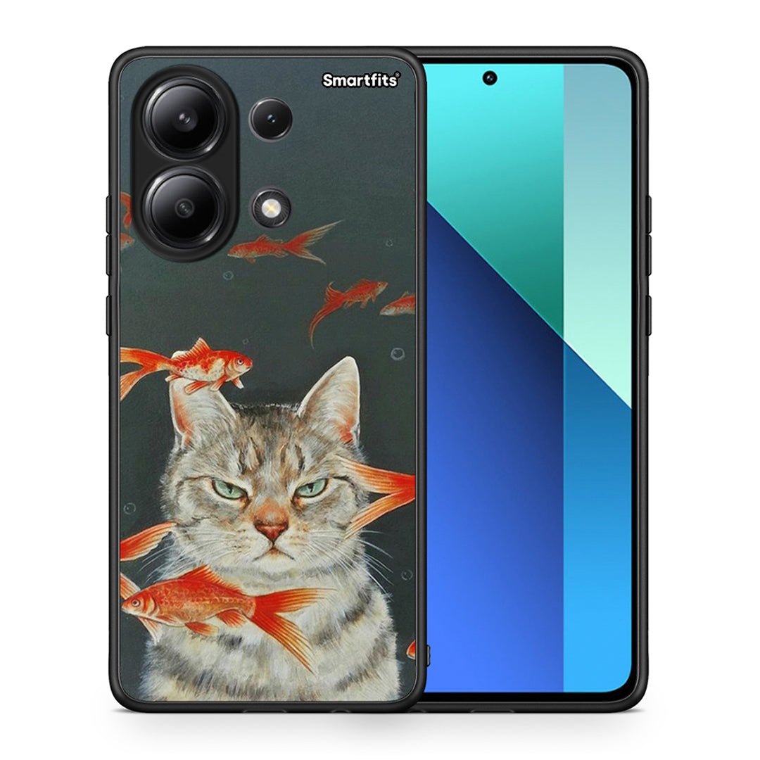 Θήκη Xiaomi Redmi Note 13 4G Cat Goldfish από τη Smartfits με σχέδιο στο πίσω μέρος και μαύρο περίβλημα | Xiaomi Redmi Note 13 4G Cat Goldfish case with colorful back and black bezels