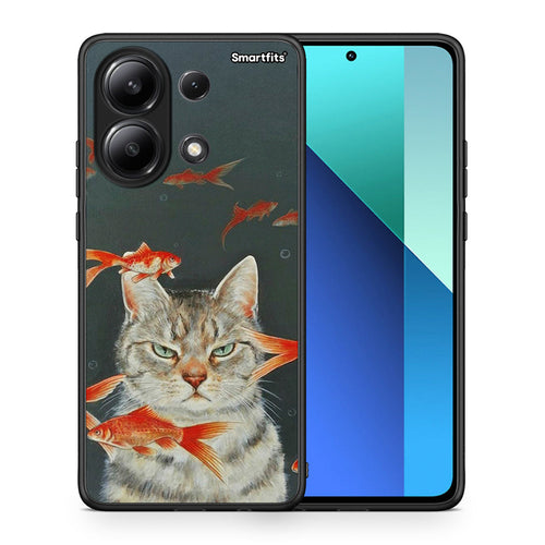 Θήκη Xiaomi Redmi Note 13 4G Cat Goldfish από τη Smartfits με σχέδιο στο πίσω μέρος και μαύρο περίβλημα | Xiaomi Redmi Note 13 4G Cat Goldfish case with colorful back and black bezels