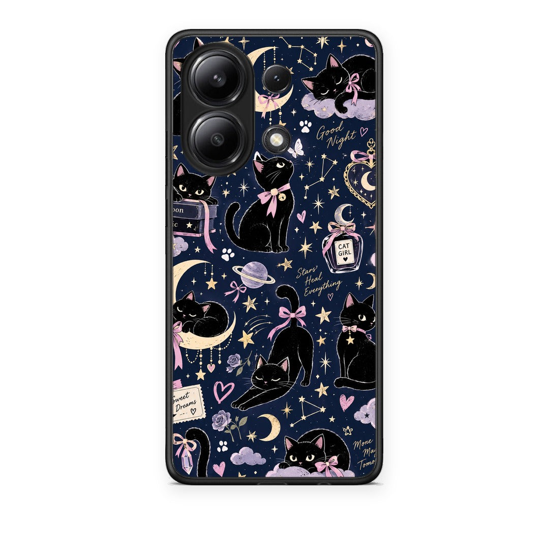 Θήκη Xiaomi Redmi Note 13 4G Celestial Black Cats on Navy από τη Smartfits με σχέδιο στο πίσω μέρος και μαύρο περίβλημα | Xiaomi Redmi Note 13 4G Celestial Black Cats on Navy case with colorful back and black bezels