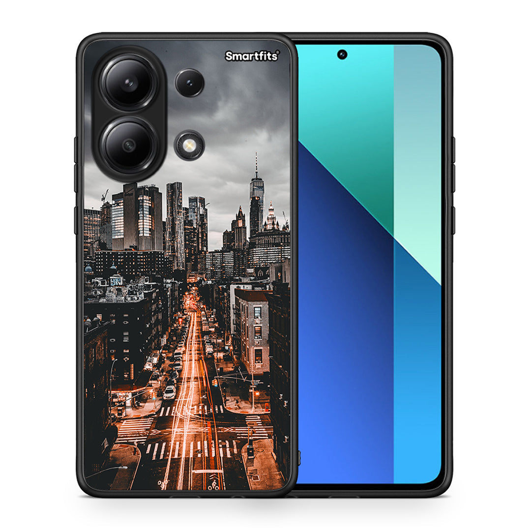 Θήκη Xiaomi Redmi Note 13 4G City Lights από τη Smartfits με σχέδιο στο πίσω μέρος και μαύρο περίβλημα | Xiaomi Redmi Note 13 4G City Lights case with colorful back and black bezels