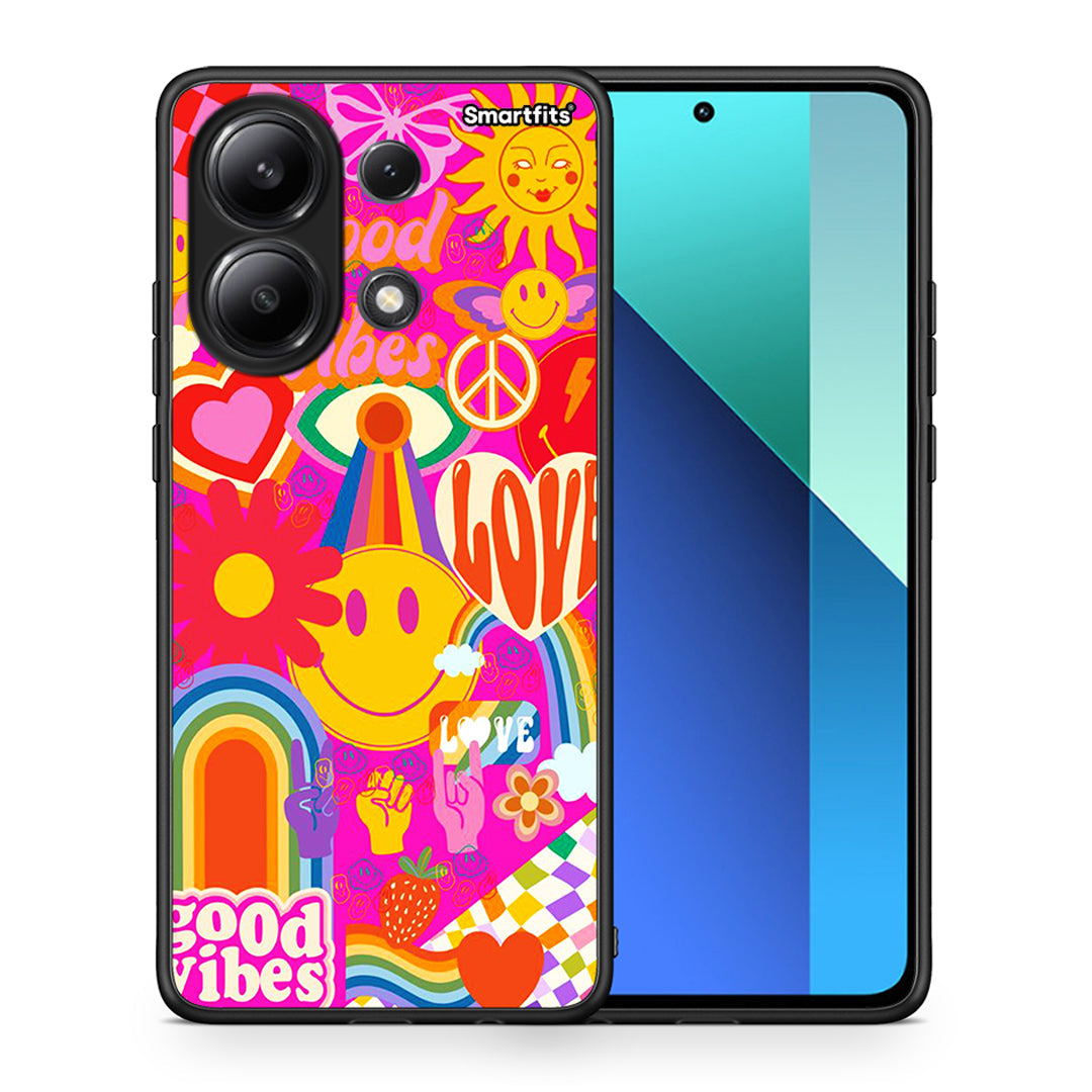 Θήκη Xiaomi Redmi Note 13 4G Hippie Love από τη Smartfits με σχέδιο στο πίσω μέρος και μαύρο περίβλημα | Xiaomi Redmi Note 13 4G Hippie Love case with colorful back and black bezels