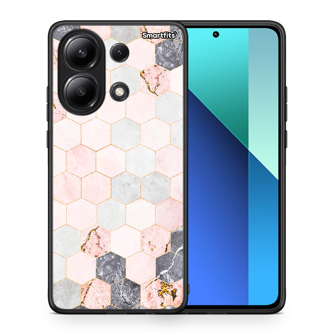 Θήκη Xiaomi Redmi Note 13 4G Hexagon Pink Marble από τη Smartfits με σχέδιο στο πίσω μέρος και μαύρο περίβλημα | Xiaomi Redmi Note 13 4G Hexagon Pink Marble case with colorful back and black bezels