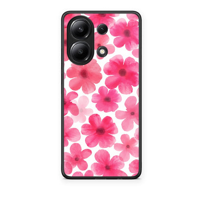 Θήκη Xiaomi Redmi Note 13 4G Pink Watercolour Flowers on White από τη Smartfits με σχέδιο στο πίσω μέρος και μαύρο περίβλημα | Xiaomi Redmi Note 13 4G Pink Watercolour Flowers on White case with colorful back and black bezels