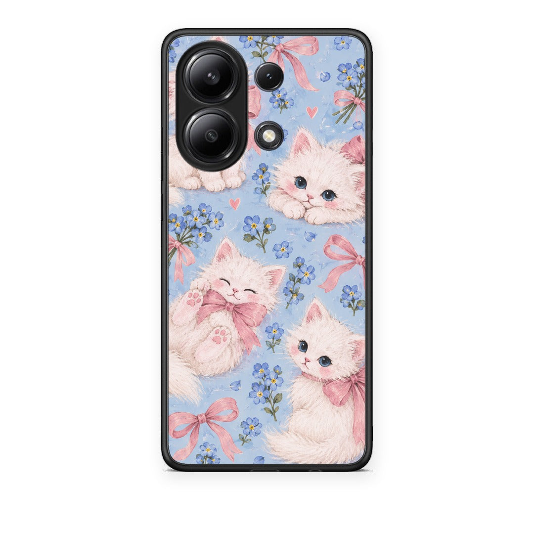 Θήκη Xiaomi Redmi Note 13 4G White Kittens and Blue Flowers Large από τη Smartfits με σχέδιο στο πίσω μέρος και μαύρο περίβλημα | Xiaomi Redmi Note 13 4G White Kittens and Blue Flowers Large case with colorful back and black bezels