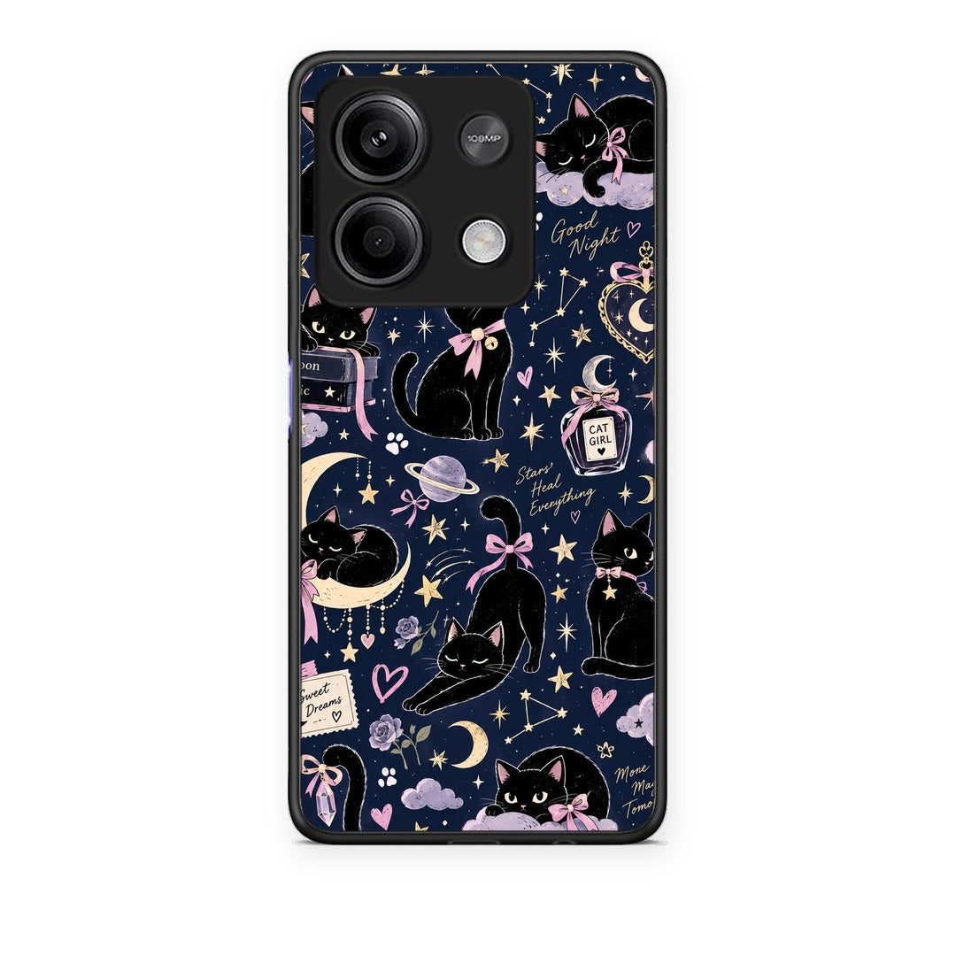 Θήκη Xiaomi Redmi Note 13 5G Celestial Black Cats on Navy από τη Smartfits με σχέδιο στο πίσω μέρος και μαύρο περίβλημα | Xiaomi Redmi Note 13 5G Celestial Black Cats on Navy case with colorful back and black bezels