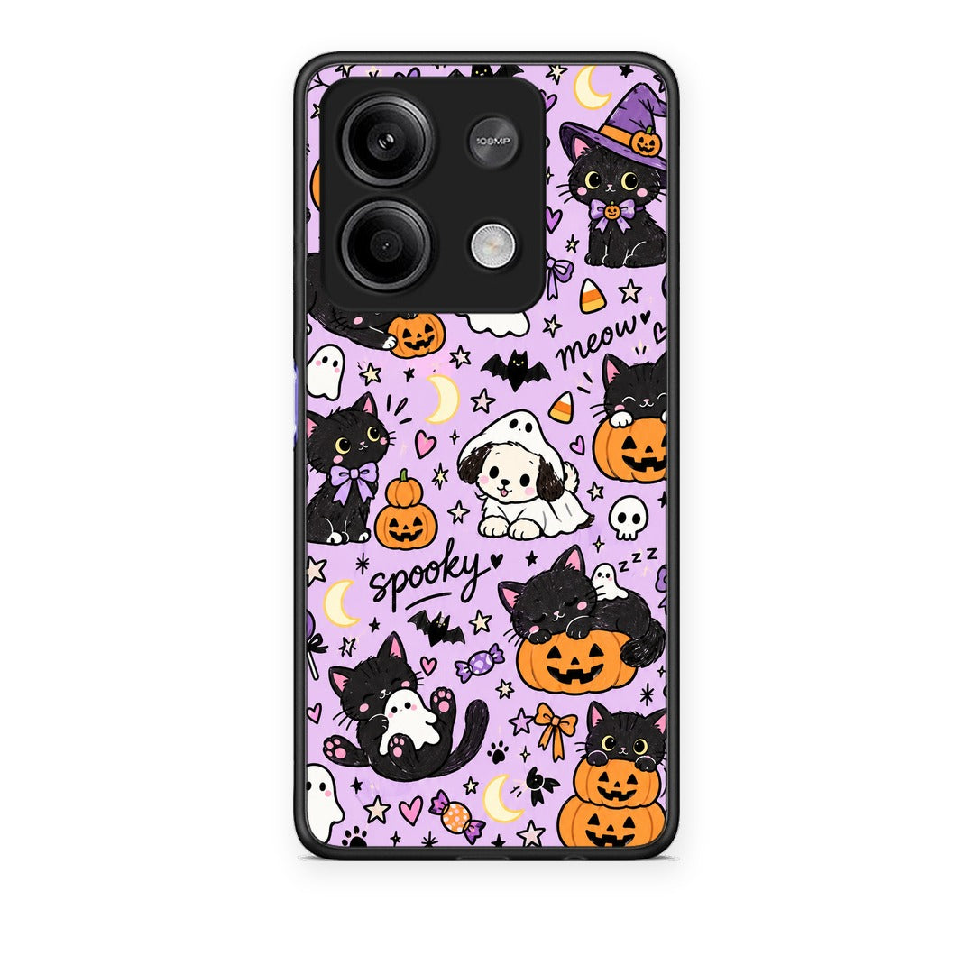 Θήκη Xiaomi Redmi Note 13 5G Halloween Black Cats on Lilac από τη Smartfits με σχέδιο στο πίσω μέρος και μαύρο περίβλημα | Xiaomi Redmi Note 13 5G Halloween Black Cats on Lilac case with colorful back and black bezels