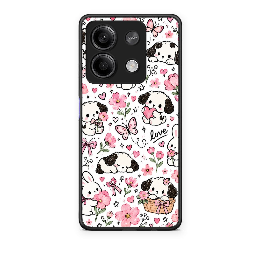 Θήκη Xiaomi Redmi Note 13 5G Pink Florals Puppies and Bunnies on White από τη Smartfits με σχέδιο στο πίσω μέρος και μαύρο περίβλημα | Xiaomi Redmi Note 13 5G Pink Florals Puppies and Bunnies on White case with colorful back and black bezels