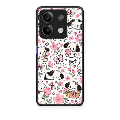 Θήκη Xiaomi Redmi Note 13 5G Pink Florals Puppies and Bunnies on White από τη Smartfits με σχέδιο στο πίσω μέρος και μαύρο περίβλημα | Xiaomi Redmi Note 13 5G Pink Florals Puppies and Bunnies on White case with colorful back and black bezels