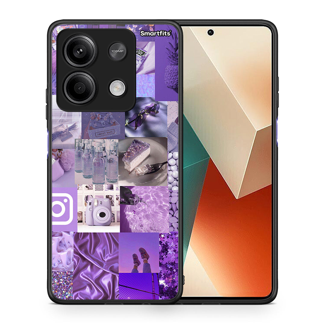 Θήκη Xiaomi Redmi Note 13 5G Purple Aesthetic Collage από τη Smartfits με σχέδιο στο πίσω μέρος και μαύρο περίβλημα | Xiaomi Redmi Note 13 5G Purple Aesthetic Collage case with colorful back and black bezels