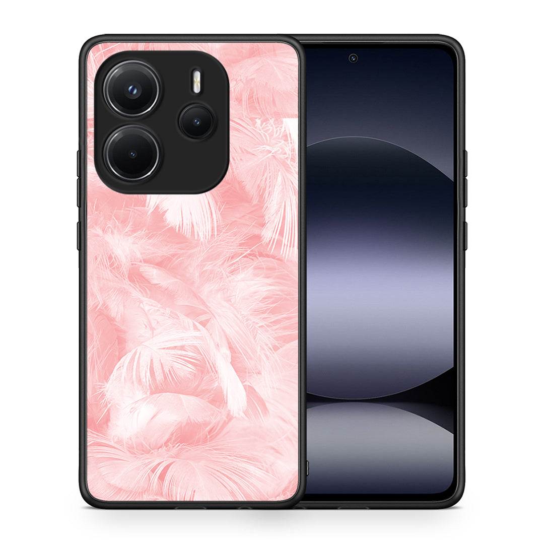Θήκη Xiaomi Redmi Note 14 4G Pink Feather Boho από τη Smartfits με σχέδιο στο πίσω μέρος και μαύρο περίβλημα | Xiaomi Redmi Note 14 4G Pink Feather Boho case with colorful back and black bezels