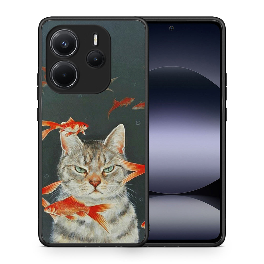 Θήκη Xiaomi Redmi Note 14 4G Cat Goldfish από τη Smartfits με σχέδιο στο πίσω μέρος και μαύρο περίβλημα | Xiaomi Redmi Note 14 4G Cat Goldfish case with colorful back and black bezels