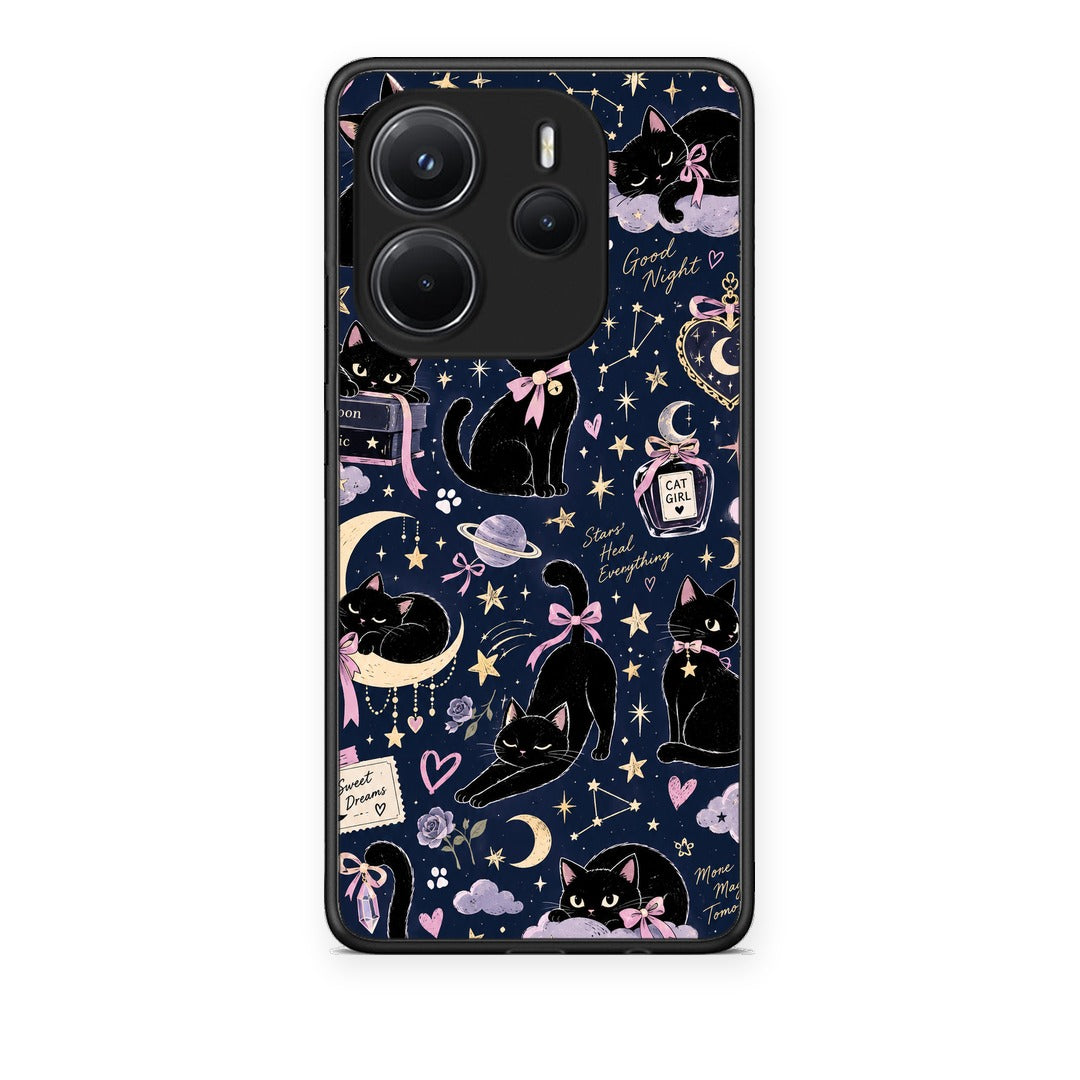 Θήκη Xiaomi Redmi Note 14 4G Celestial Black Cats on Navy από τη Smartfits με σχέδιο στο πίσω μέρος και μαύρο περίβλημα | Xiaomi Redmi Note 14 4G Celestial Black Cats on Navy case with colorful back and black bezels