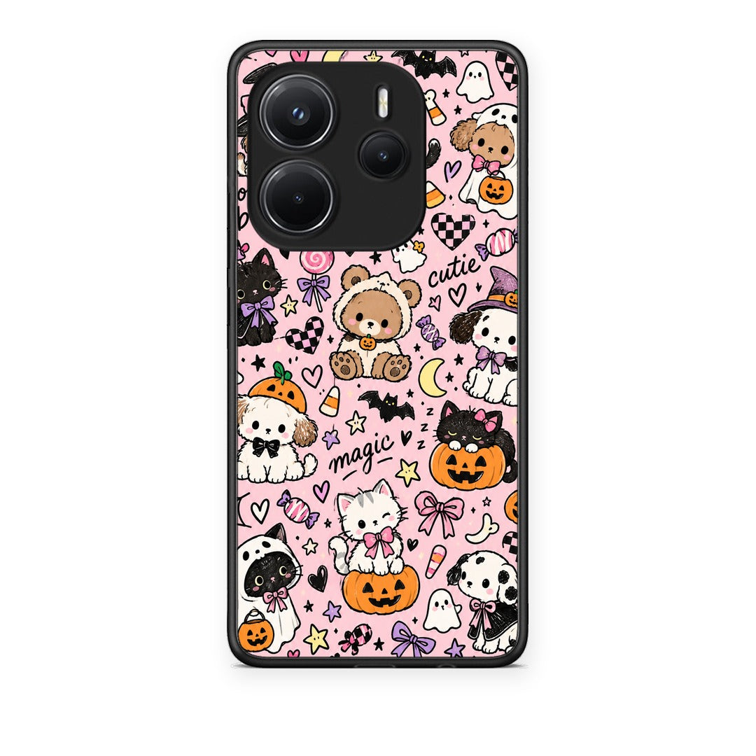 Θήκη Xiaomi Redmi Note 14 4G Halloween Cute Animals on Pink από τη Smartfits με σχέδιο στο πίσω μέρος και μαύρο περίβλημα | Xiaomi Redmi Note 14 4G Halloween Cute Animals on Pink case with colorful back and black bezels