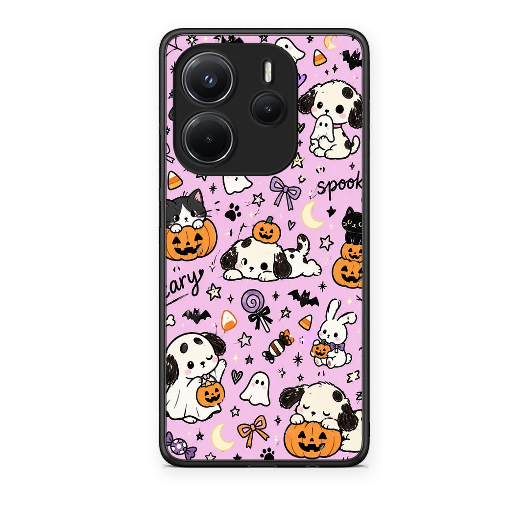 Θήκη Xiaomi Redmi Note 14 4G Halloween Puppies and Friends on Lilac από τη Smartfits με σχέδιο στο πίσω μέρος και μαύρο περίβλημα | Xiaomi Redmi Note 14 4G Halloween Puppies and Friends on Lilac case with colorful back and black bezels
