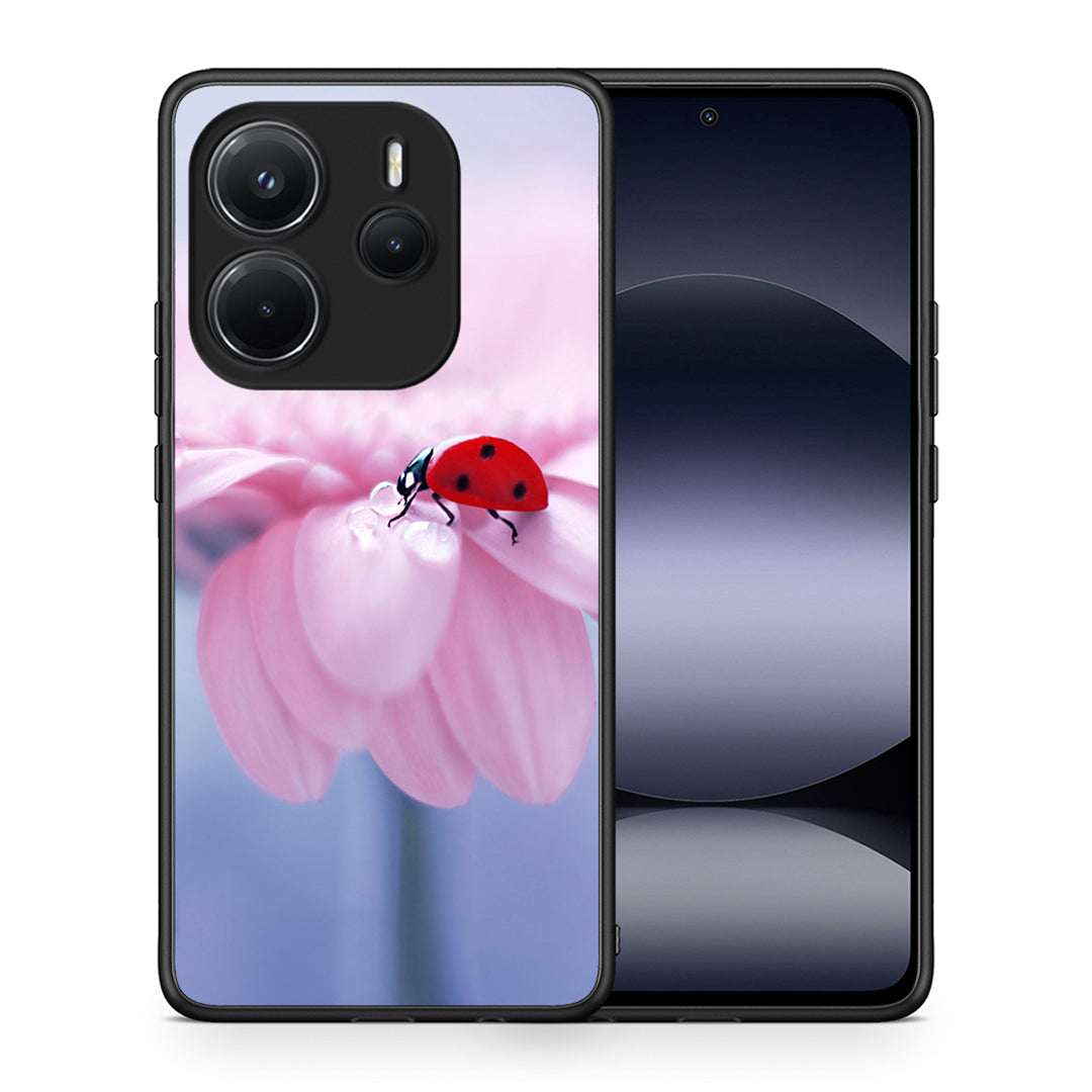 Θήκη Xiaomi Redmi Note 14 4G Ladybug Flower από τη Smartfits με σχέδιο στο πίσω μέρος και μαύρο περίβλημα | Xiaomi Redmi Note 14 4G Ladybug Flower case with colorful back and black bezels