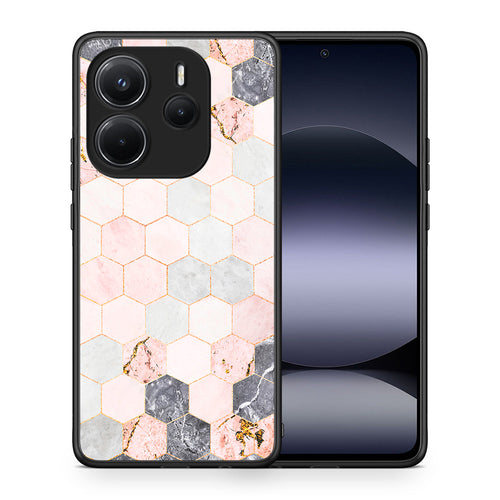 Θήκη Xiaomi Redmi Note 14 4G Hexagon Pink Marble από τη Smartfits με σχέδιο στο πίσω μέρος και μαύρο περίβλημα | Xiaomi Redmi Note 14 4G Hexagon Pink Marble case with colorful back and black bezels