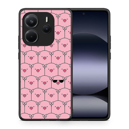 Θήκη Xiaomi Redmi Note 14 4G Pig Glasses από τη Smartfits με σχέδιο στο πίσω μέρος και μαύρο περίβλημα | Xiaomi Redmi Note 14 4G Pig Glasses case with colorful back and black bezels