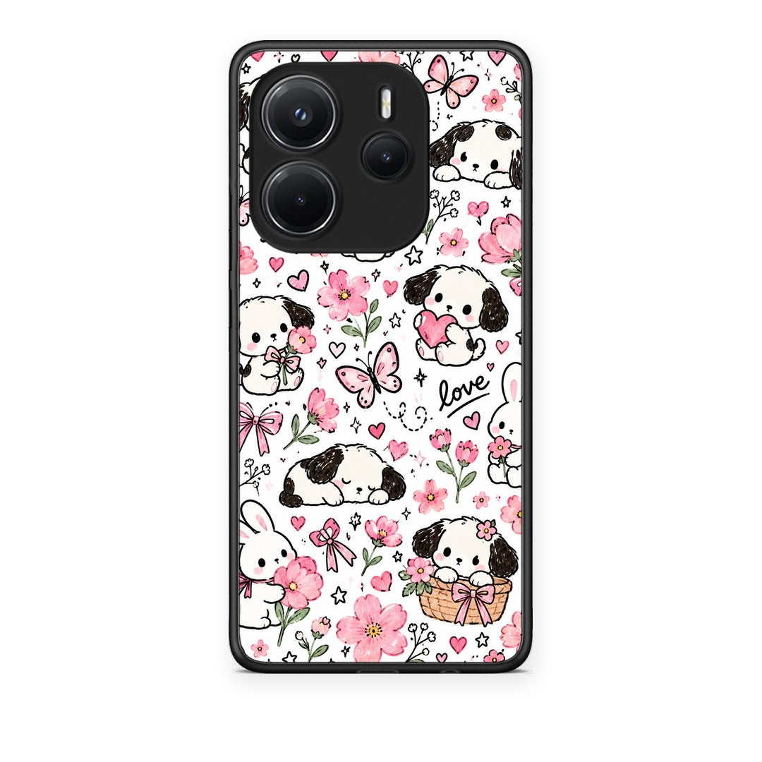 Θήκη Xiaomi Redmi Note 14 4G Pink Florals Puppies and Bunnies on White από τη Smartfits με σχέδιο στο πίσω μέρος και μαύρο περίβλημα | Xiaomi Redmi Note 14 4G Pink Florals Puppies and Bunnies on White case with colorful back and black bezels