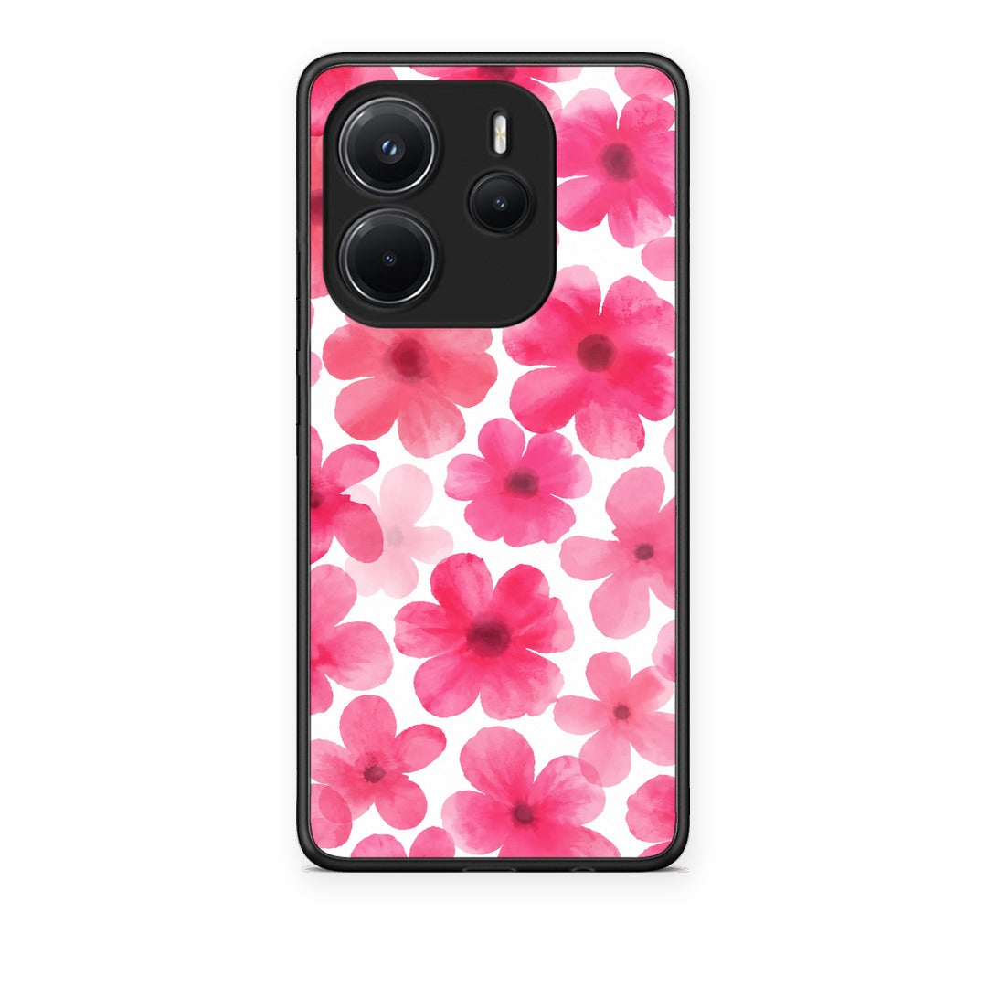 Θήκη Xiaomi Redmi Note 14 4G Pink Watercolour Flowers on White από τη Smartfits με σχέδιο στο πίσω μέρος και μαύρο περίβλημα | Xiaomi Redmi Note 14 4G Pink Watercolour Flowers on White case with colorful back and black bezels
