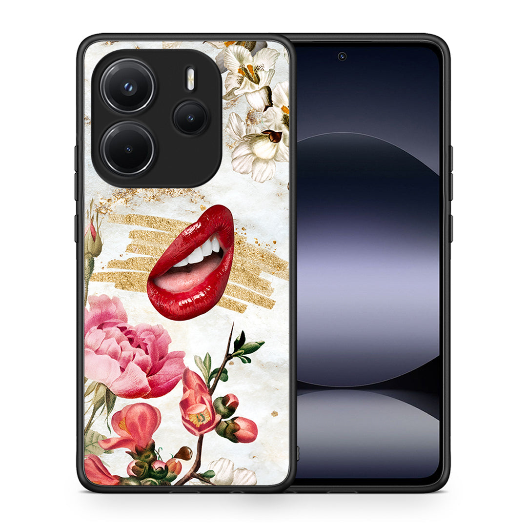 Θήκη Xiaomi Redmi Note 14 4G Red Lips από τη Smartfits με σχέδιο στο πίσω μέρος και μαύρο περίβλημα | Xiaomi Redmi Note 14 4G Red Lips case with colorful back and black bezels