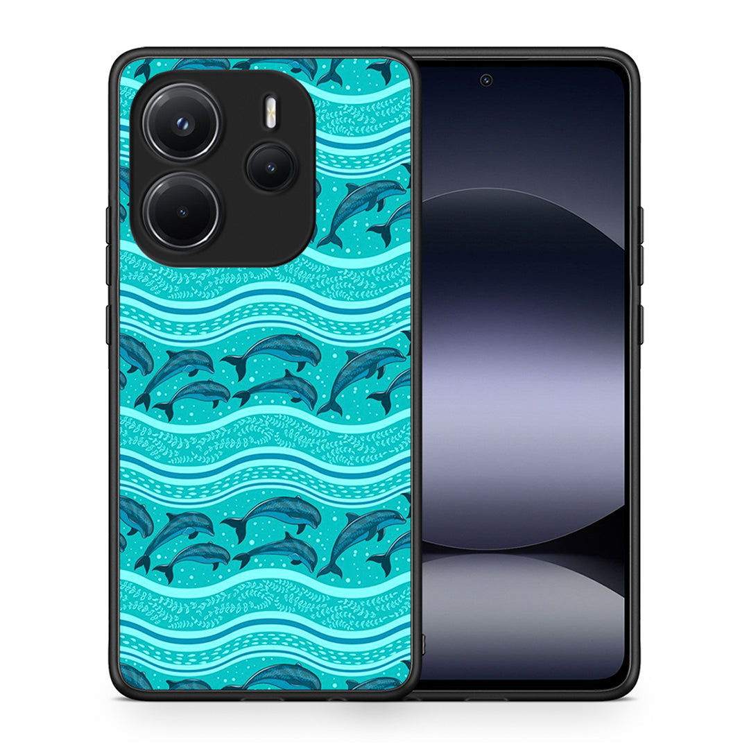 Θήκη Xiaomi Redmi Note 14 4G Swimming Dolphins από τη Smartfits με σχέδιο στο πίσω μέρος και μαύρο περίβλημα | Xiaomi Redmi Note 14 4G Swimming Dolphins case with colorful back and black bezels