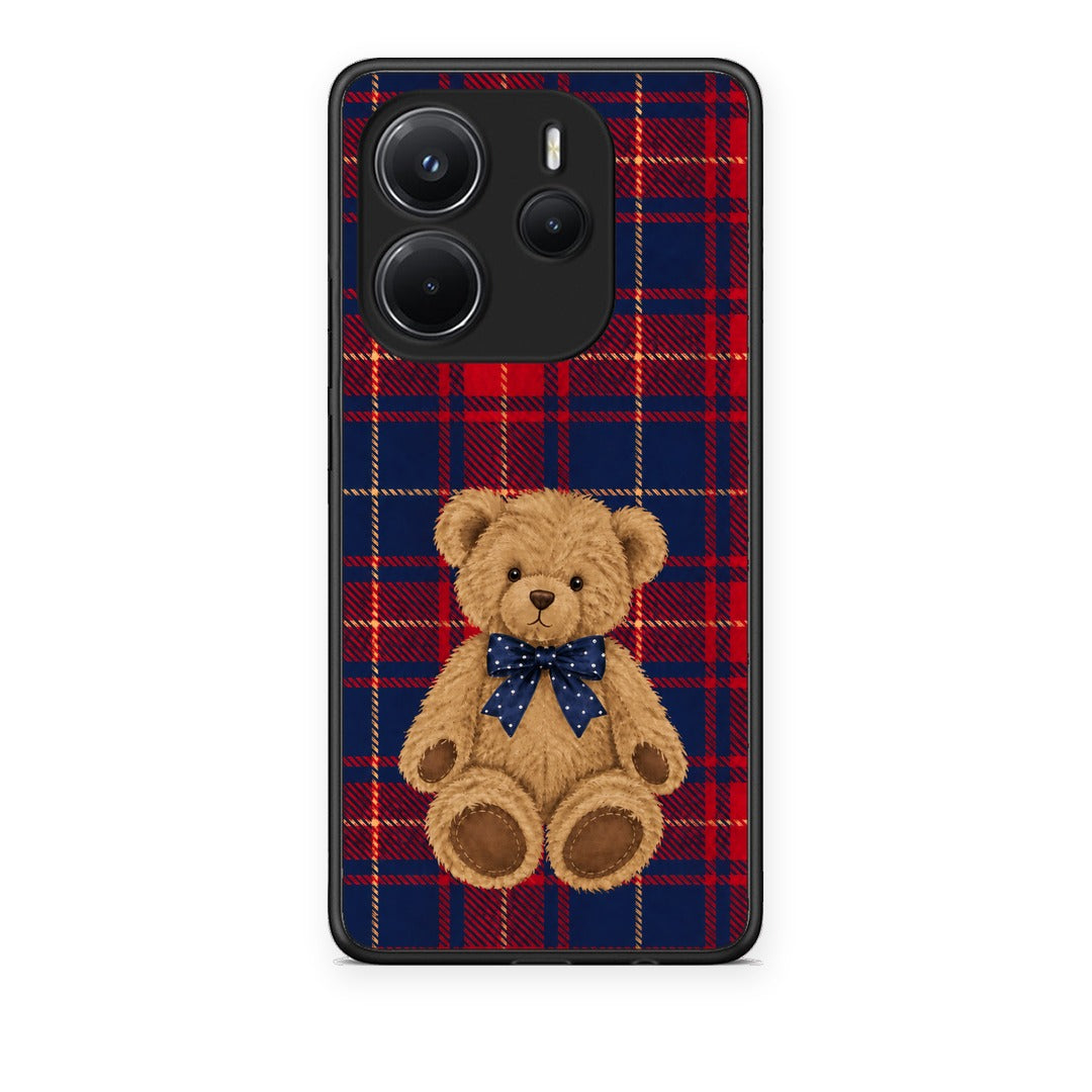 Θήκη Xiaomi Redmi Note 14 4G Teddy Bear on Red and Navy Tartan από τη Smartfits με σχέδιο στο πίσω μέρος και μαύρο περίβλημα | Xiaomi Redmi Note 14 4G Teddy Bear on Red and Navy Tartan case with colorful back and black bezels